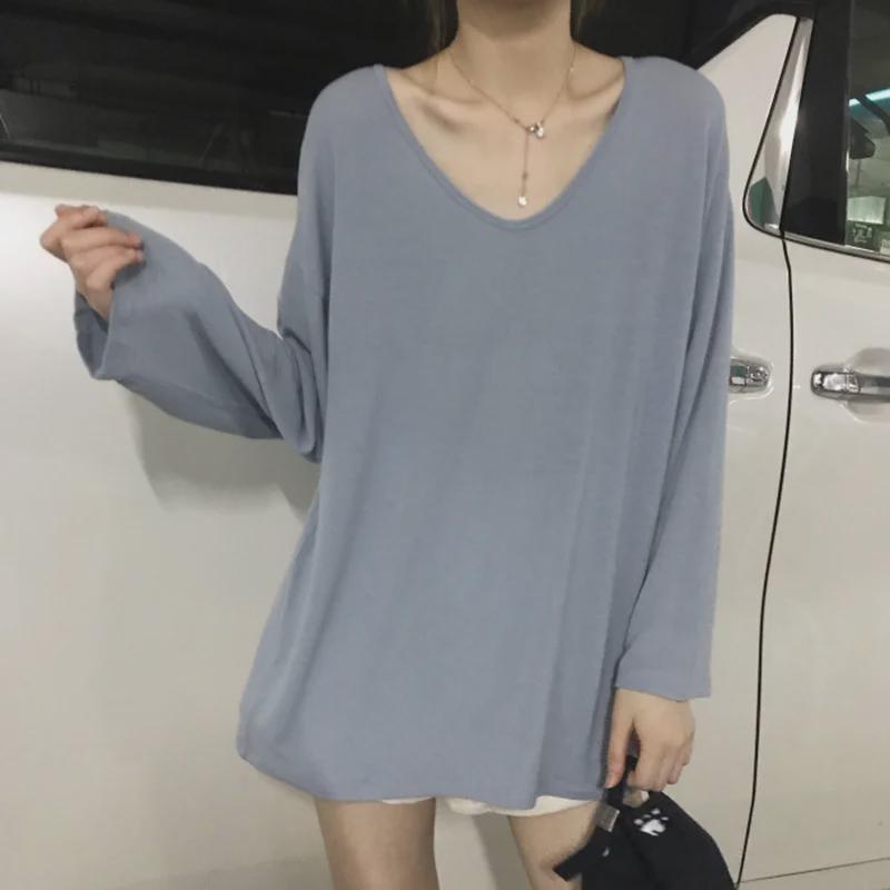 Autumn 2025 Women's Solid V-Neck Long-Sleeve Loose-Fit T-Shirt