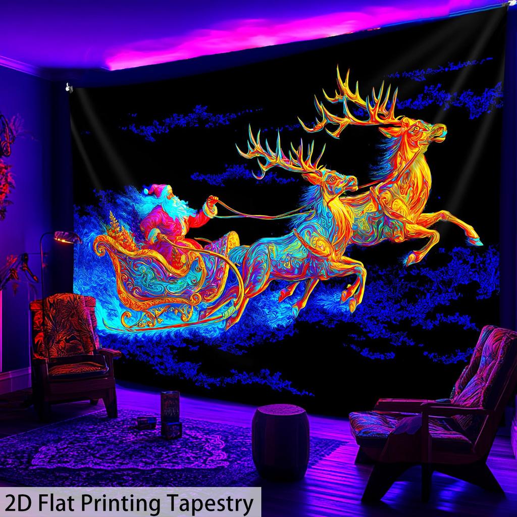 Christmas Santa Claus Fluorescent Tapestry Outer Space Polyster UV BlackLight Tapestry, Wall Hanging For Living Room Bedroom Office Home Decor