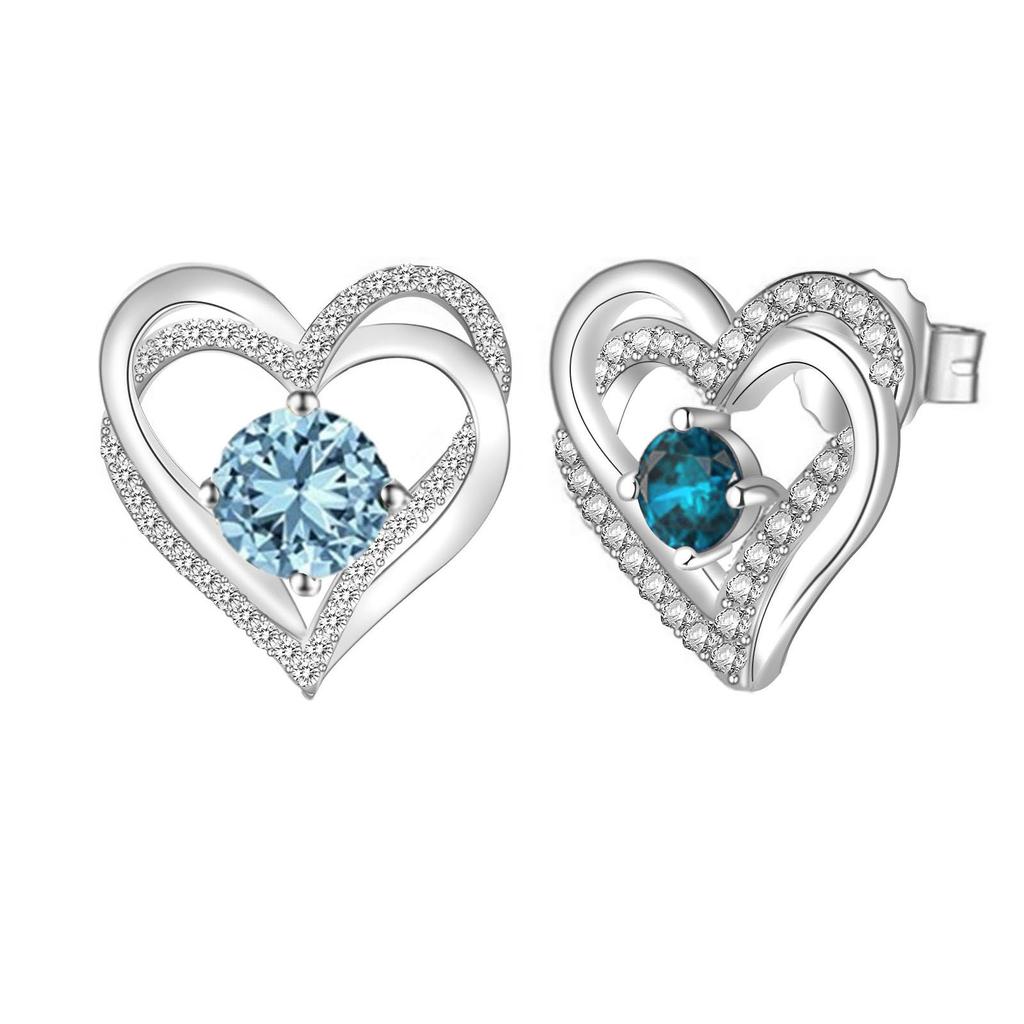 Multicolor Birthstone Ear Studs Heart Stud Earrings Birthday Gift For Women & Girls