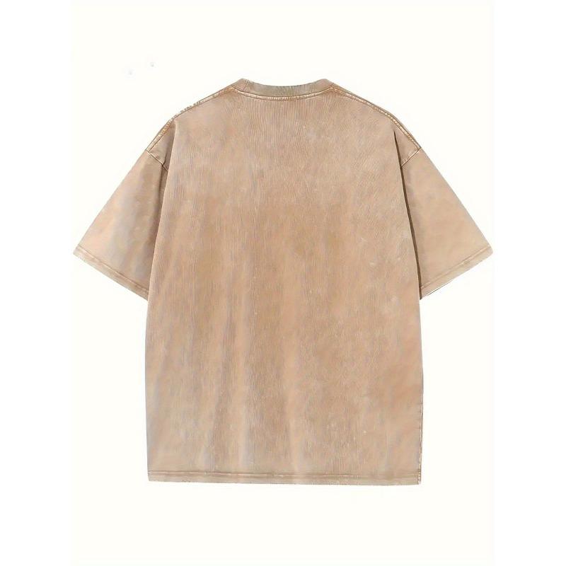 European sizes Men'S Retro Washed Leopard Print Letter Pattern T-Shirt - Casual Nostalgic Short Sleeve Crew Neck Top