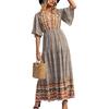 Summer Vacation Bohemian Dress Ethnic Style Patchwork A Line Maxi Dress Elastic Waist V Neck Short Sleeves Women Beach Dress Printing