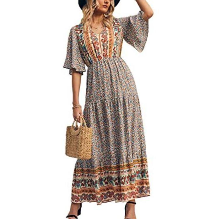 Summer Vacation Bohemian Dress Ethnic Style Patchwork A Line Maxi Dress Elastic Waist V Neck Short Sleeves Women Beach Dress Printing