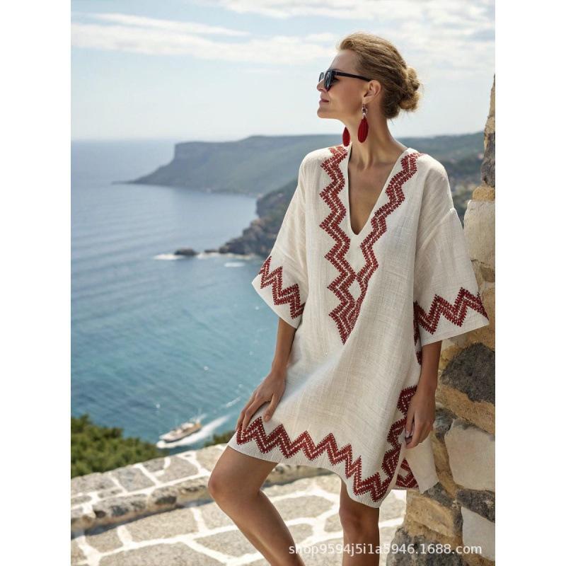2026 women's V-neck dress seaside vacation 3D printing loose skirt beach
