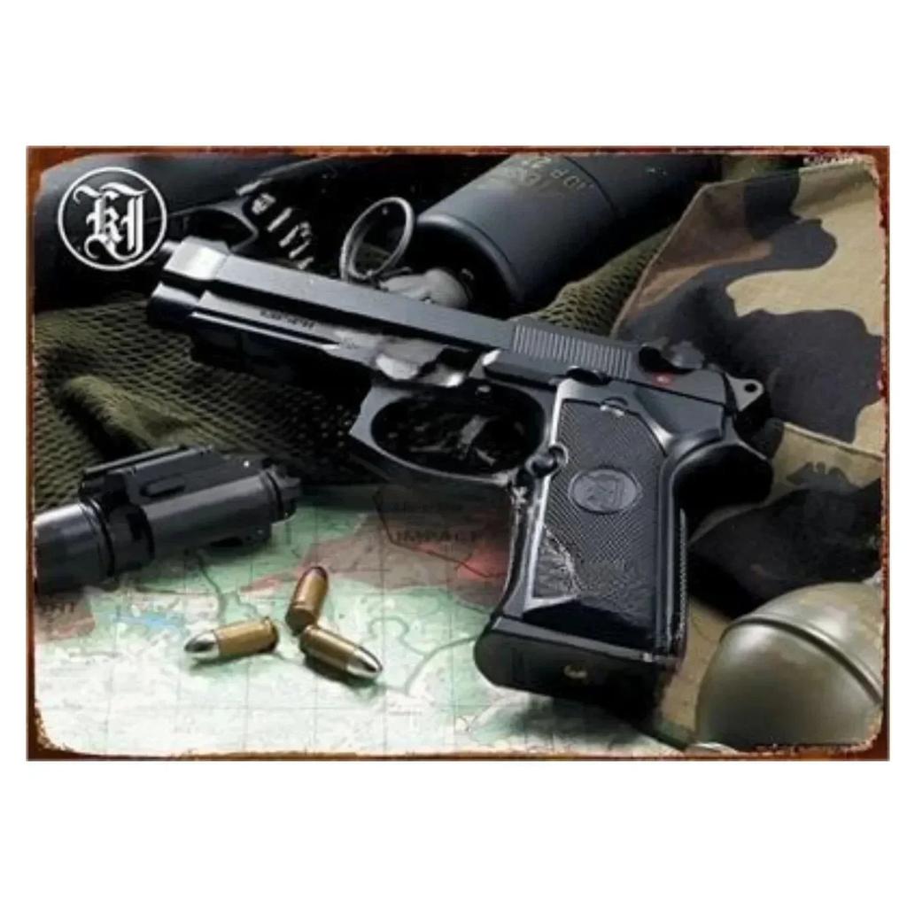 1PC Pistol Metal Signs Boasting Authentic Military Flair: A Must - Have for Adding a Touch of Rugged