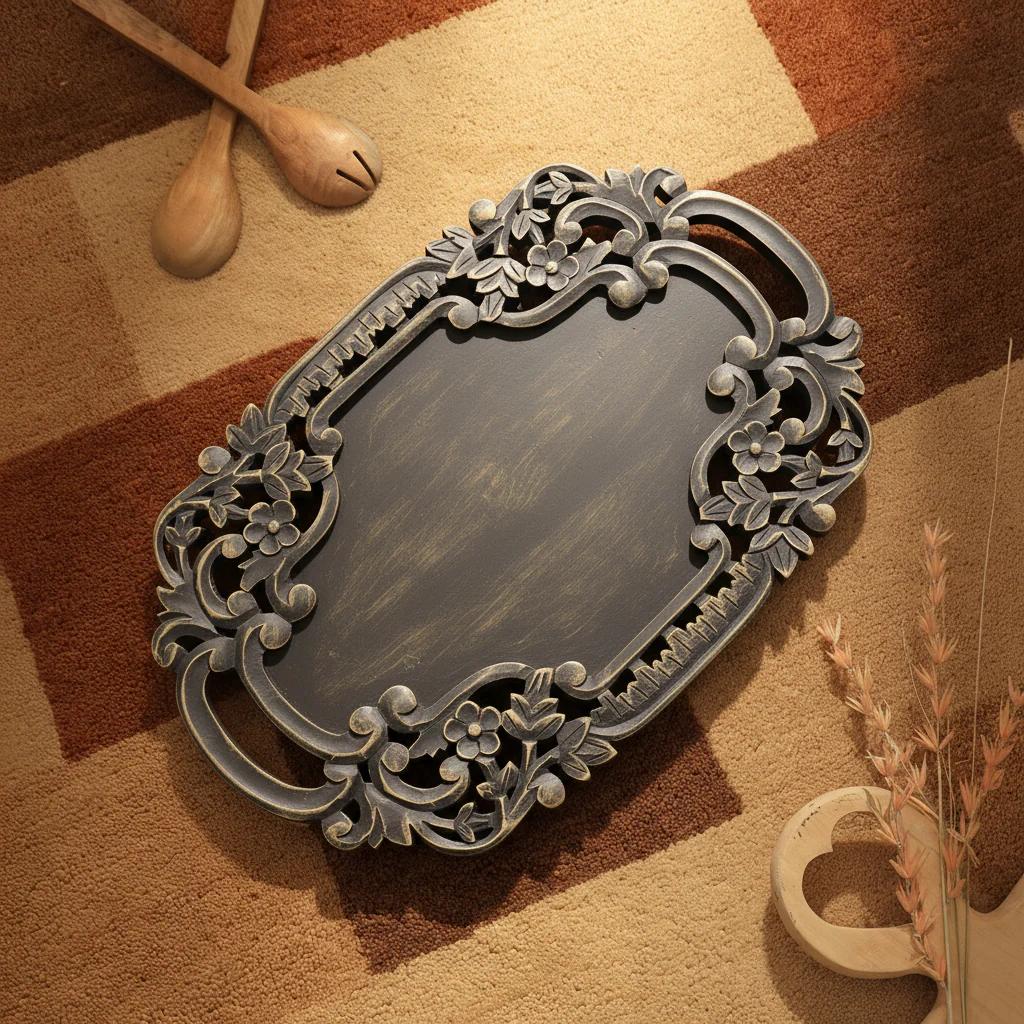 Handgefertigtes schwarzes Adirondack-Serviertablett aus geschnitztem Holz | Rustikales dekoratives Holztablett mit Griffen | Bauernhaus-Dekor