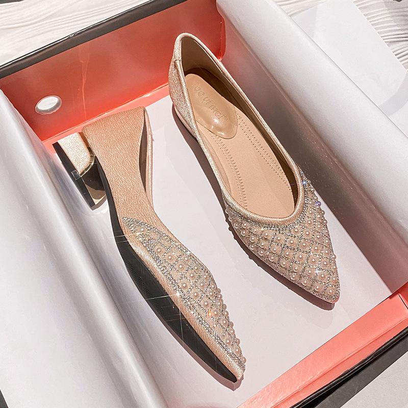 

Остроносые туфли-лодочки женские весна-осень 2025 новые толстый каблук мелкий вырез стразы жемчуг фея ветер четыре сезона мягкая подошва комфорта 40 абрикосовый