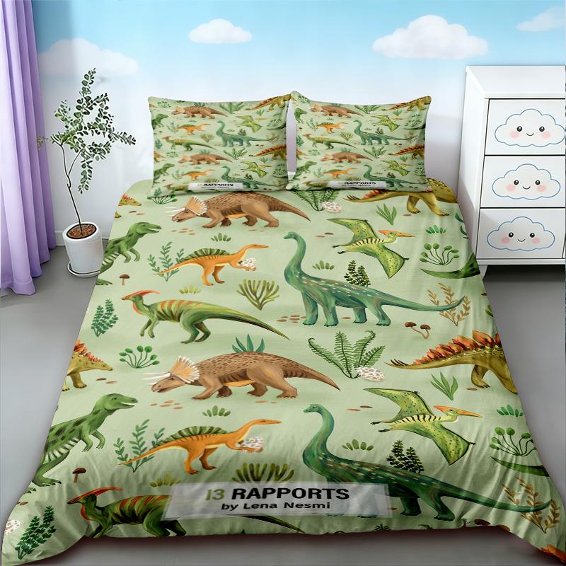Duvet Cover 3pcs Cartoon Cute Color Dinosaur Print Coreless Down Duvet Cover Set, Multi Size Bedding Decoration, soft beautiful