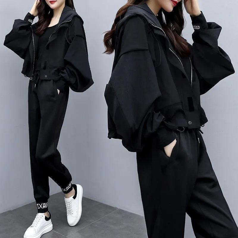 Damen Frühlings- und Herbstanzug Farbblockierung Lässige Kapuzenjacke + Hose Temperament Aging Zweiteiliges Set
