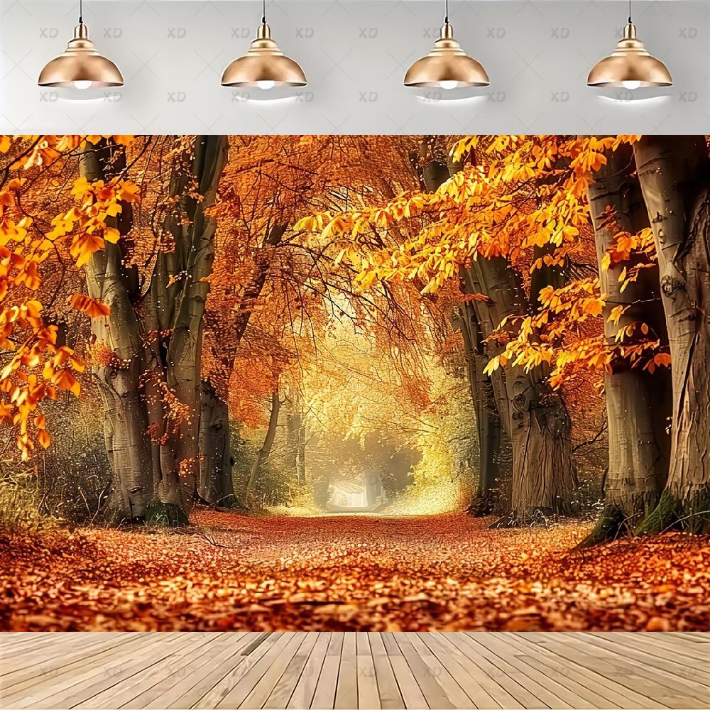 Rustic photographic backdrop: Maple forest, orange autumn leaves, pumpkin banner, for baby shower decorations4917