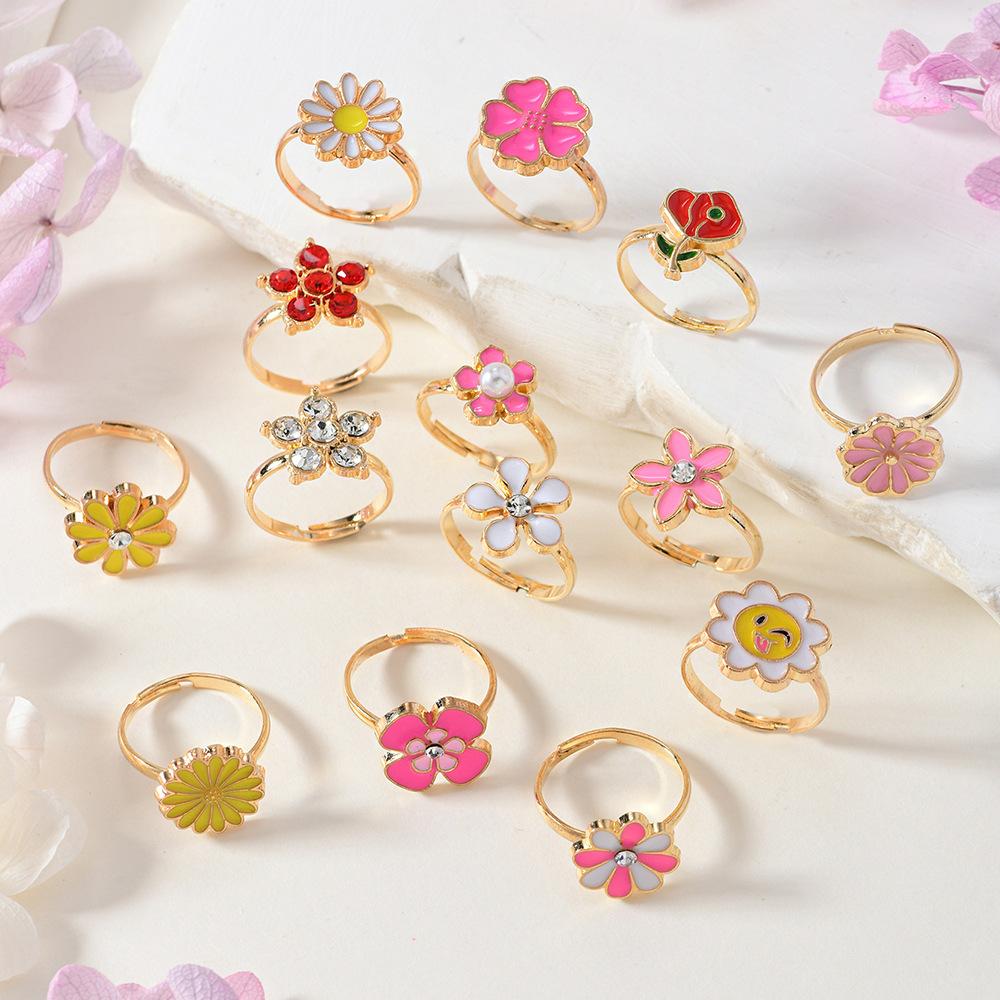 14Pcs/Box Children Cute Adjustable Rings Pretend Play Makeup Toys for Girls Gifts Flower Unicon Alloy Rings Fashion Beauty