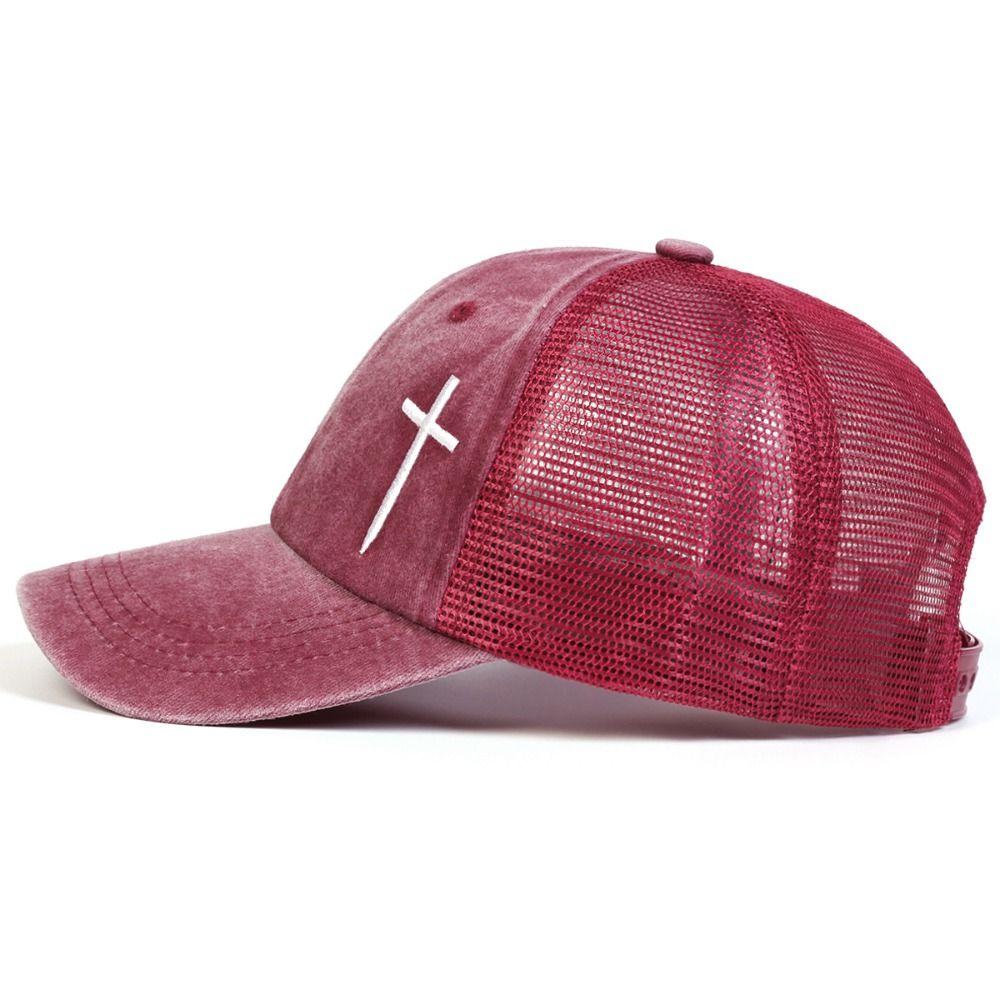 Breathable Cross Embroidery Hat with Mesh Peaked Cap Fashion Hip Hop Baseball Cap  Outdoor