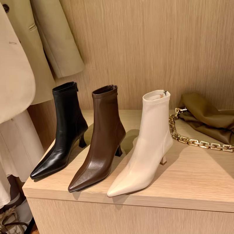 Fashion 2024 Women Ankle Boots Genuine Leather Office Lady Shoes Woman Pointed Toe Thin High Heels Autumn Stretch Size 35-39