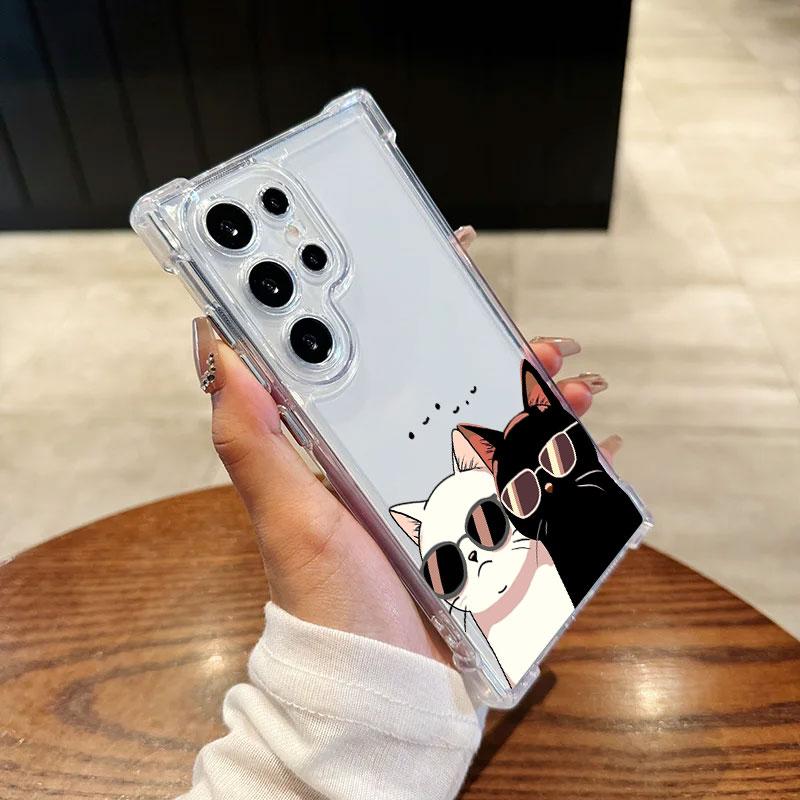 

Glasses Wearing Black White Cat Cartoon Phone Case For Samsung Galaxy S25 FE S24 S23 S22 S21 Ultra S20 Plus Note 20 S25FE Cover Galaxy S21 FE