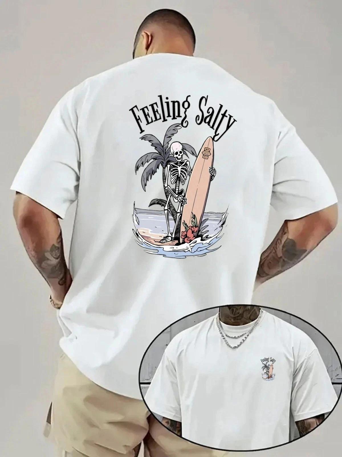 Men s Surfing T shirt with Surfboardable Skeleton & Palm Tree Back Print,  Fee S