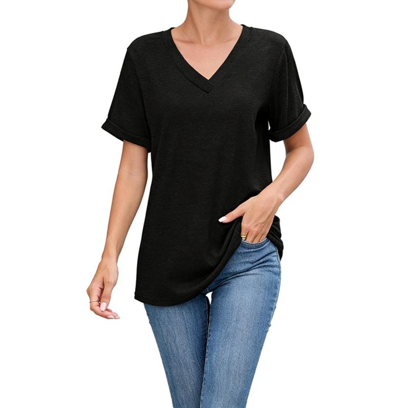 Women's Solid Color V-Neck Casual T-Shirt Short Sleeve Top