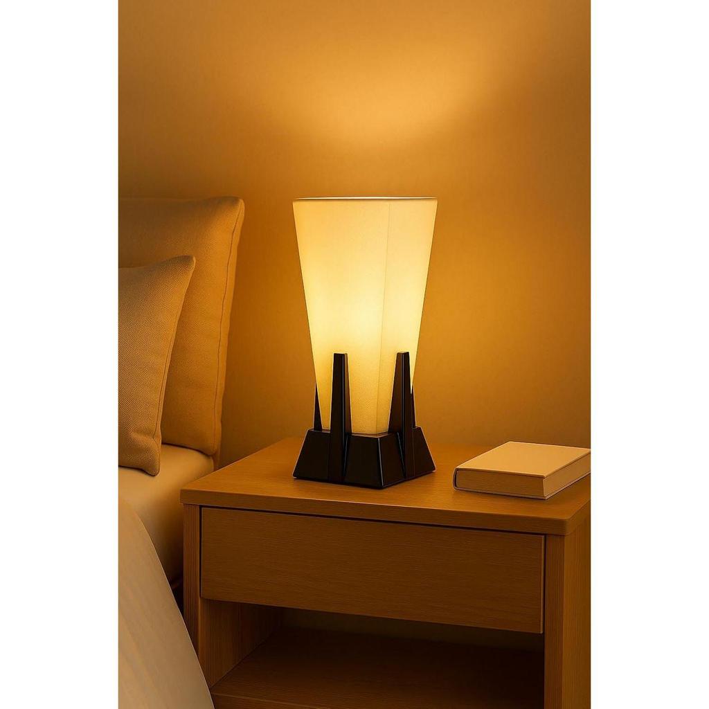 Black Wood & Off-White Fabric Pyramid Table Lamp – 36cm (14") | E27 Holder, No Bulb Included | Minimalist Accent Light for Bedroom,