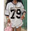 Letní Nový Los Angeles 79 Tištěné Pruhované Tričko Dámské V-výstřih Krátký Rukáv Tričko Sportovní Fotbalové Mikina Y2K Volné Oversized Top