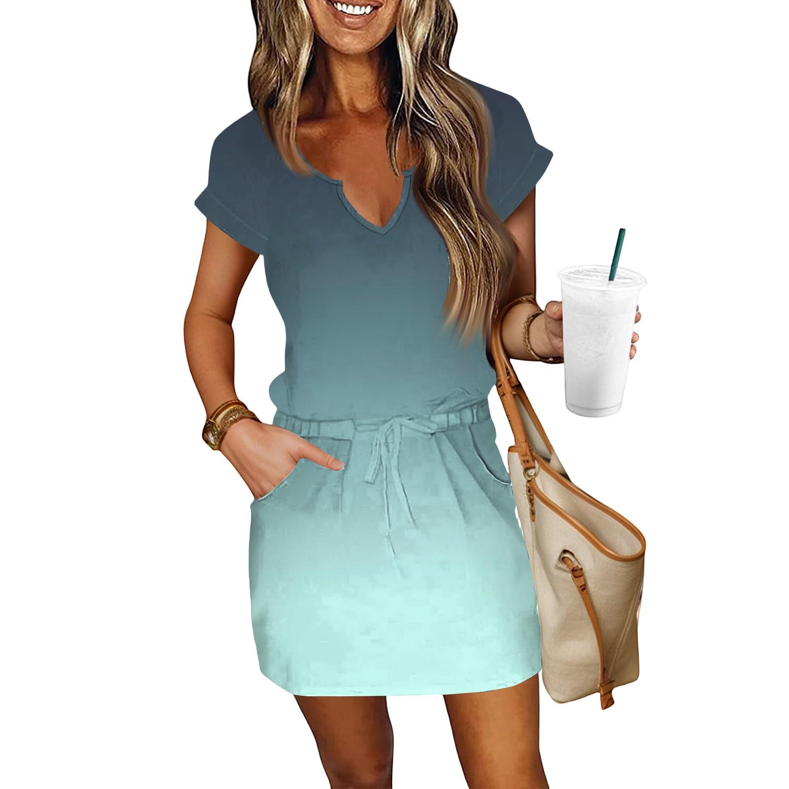 

Женские летние платья с V-образным вырезом, короткими рукавами, кулиской, карманами, градиентные, повседневные M