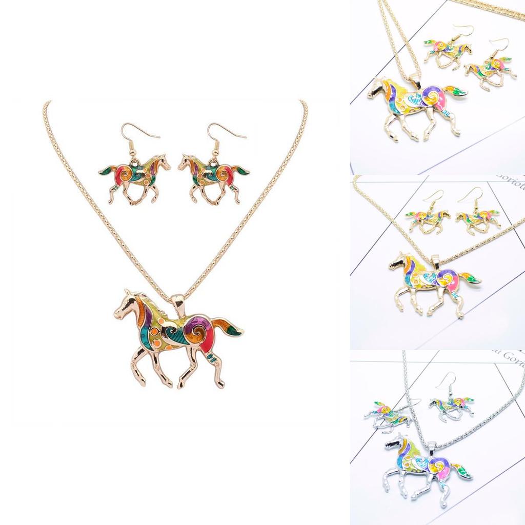 Ensemble Collier Boucles d'oreilles Pendentif Poney Arc-en-ciel Tendance avec Design Dégradé Coloré