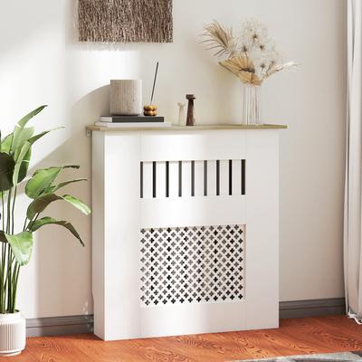 Wooden Slatted Radiator Cover with Cross Detail and Top Shelf, 78 X 19 X 81 Cm, White