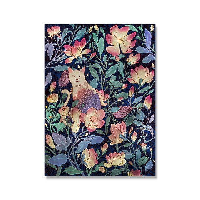 Vintage Cat Cartoon Animal Flower Plant Nordic Poster Wall Art Canvas Painting Wall Pictures for Living Room Home Decor Cuadros