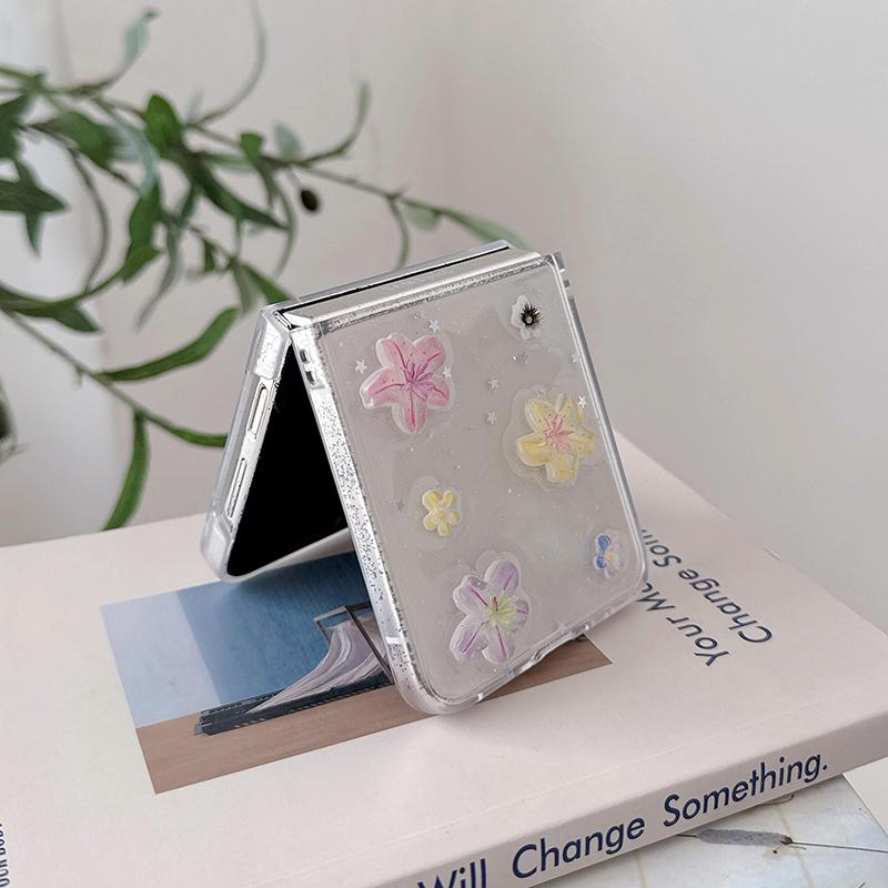 Clear Glitter Cute Flower Phone Case For Samsung Galaxy Z Flip 8 7 6 5 4 Z Flip7 Flip6 Cover with Chain Korean Cases Hard Funda