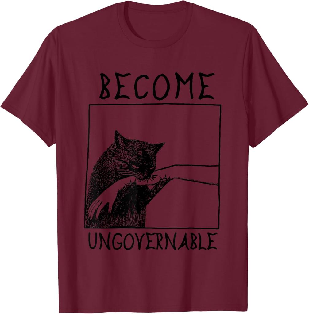 Become Ungovernable Biting Cat Meme Graphic Tee Cotton Casual Crewneck T-Shirt for Daily Wear