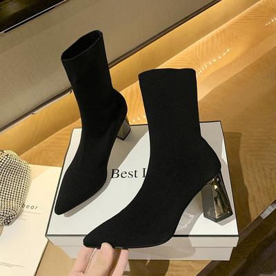 Fashion Pointed Elastic High Heel Socks Boots Women's Shoes 2024 Trends Fashion Knitted Breathable Slim Thick Heel Short Boot Black Sexy