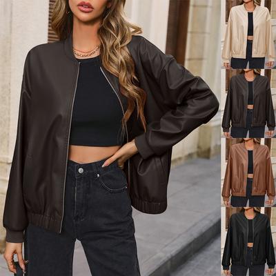 Womens PU Leather Long Sleeve Coat Cardigan Ladies Biker Zip Up Jacket Outwear