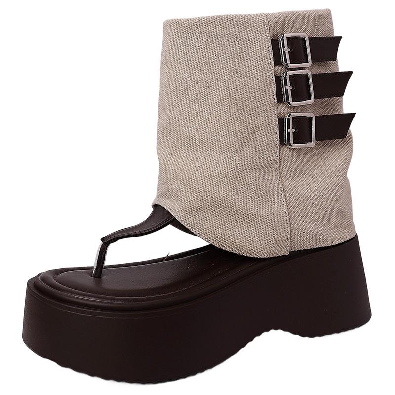 Fashion retro design sense metal buckle with open-toe platform sandals women's summer new wear casual single shoes cool boots