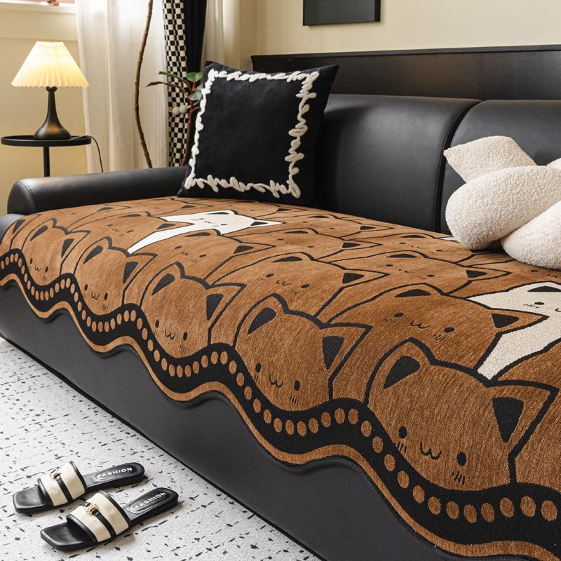 

Всесезонный противоскользящий чехол на диван из шенилла с кошачьим узором, подушка, подлокотники, универсальный коврик для дивана, накидка на диван для гостиной 90x120cm коричневый