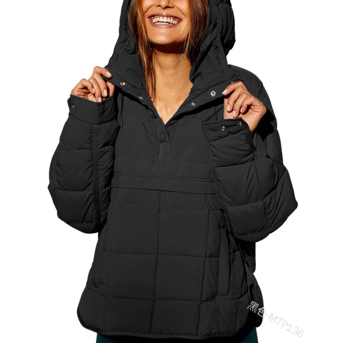 Women s Hooded Half Button Long Sleeve Solid Color Loose Padded Pullover Winter Warm Quilted Coat S