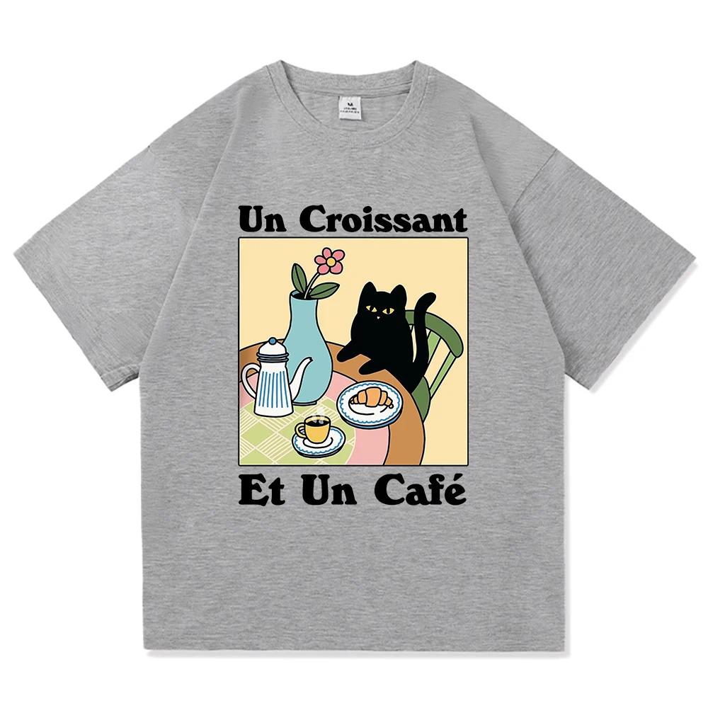 French Cafe Cat T Shirt Fashion Women Summer Funny Letter Un Croissant Et Un Cafe Tshirt High Quality Casual Cotton Tees Shirts