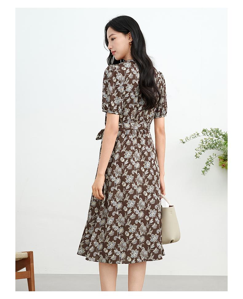 JUZUI Elegant Commuting Style Printed Strap Waist Dress Summer New Style