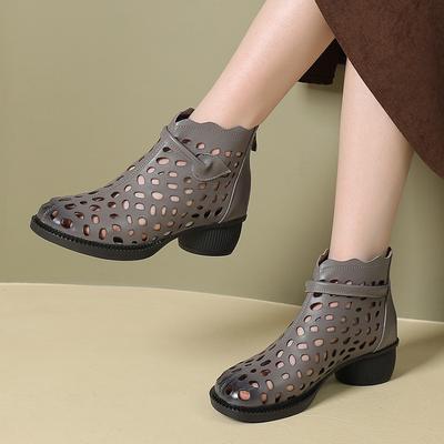 Fashion GKTINOO 2025 Summer Ankle Boots Genuine Leather Shoes Women Mid Heels Sandals Back Zip Boots Cutout Breathable Mujer Zapatos