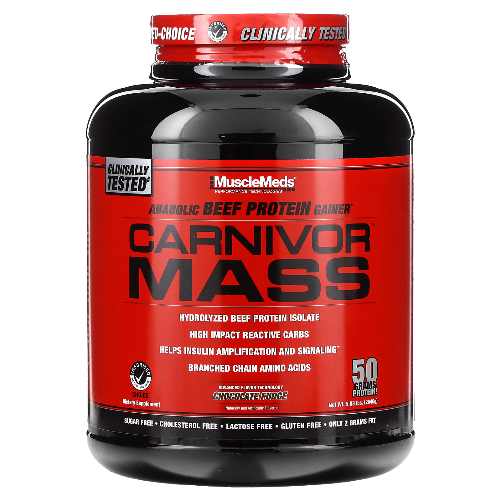 

MuscleMeds, Carnivor Mass, Anabolic Beef Protein Gainer, Chocolate Fudge, 2,716 g(5.99 lbs)