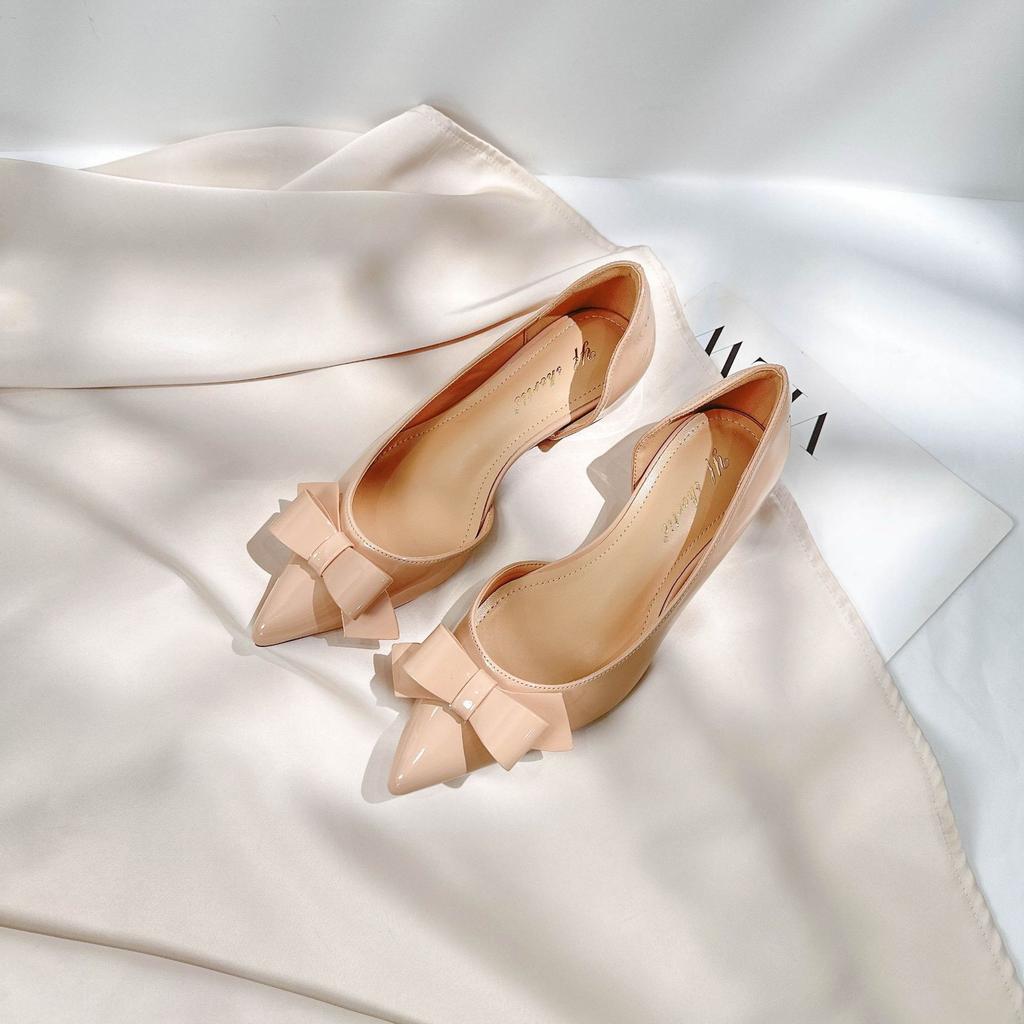 Height Increase 4cm Beautiful Patent Leather Bow Side Empty Sandals Women's 2025 New Sexy Pointed Not Tired Feet Shoes