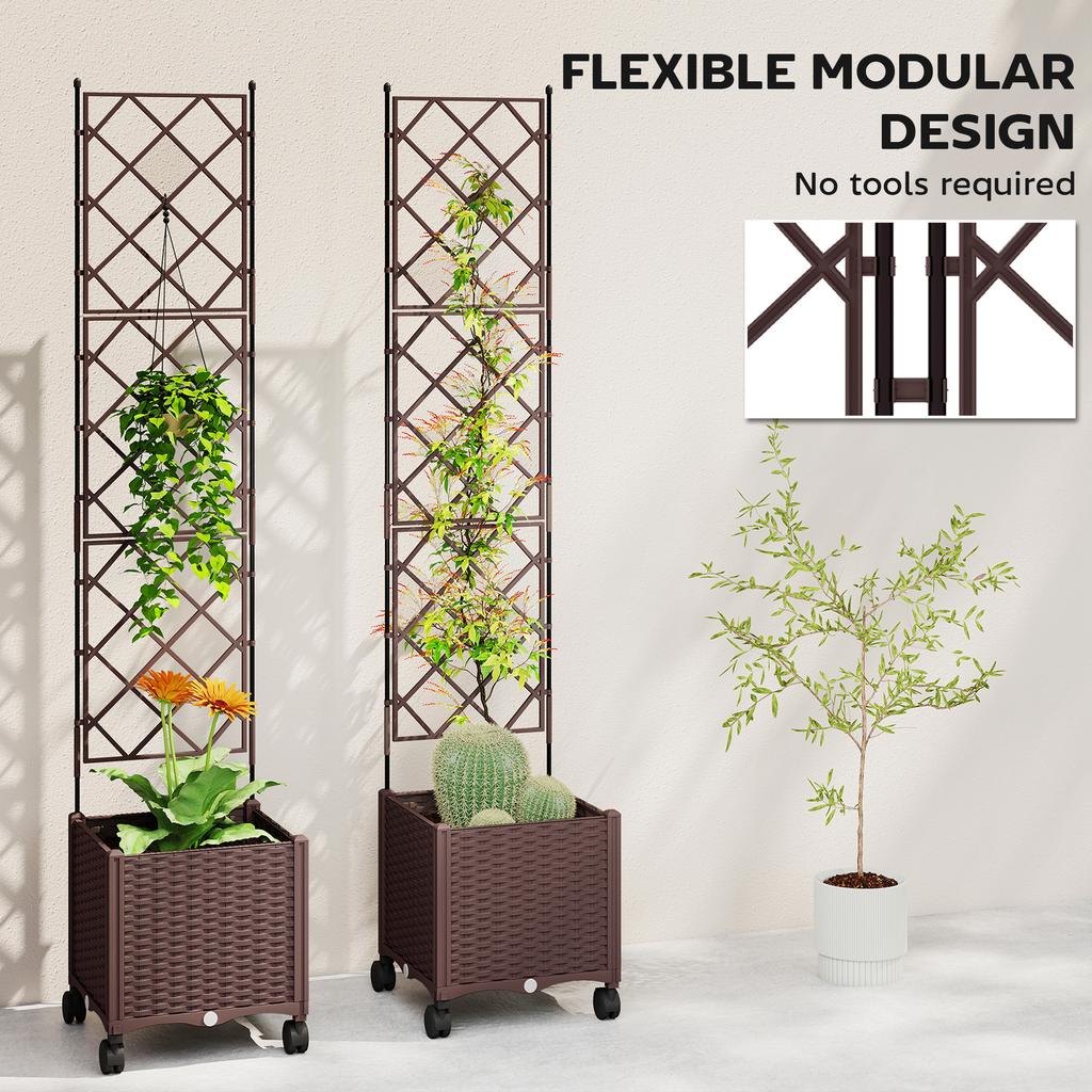 Plastic Raised Planter with Trellis, Self Watering Raised Bed for Garden with Wheels, Drainage Holes and Plugs