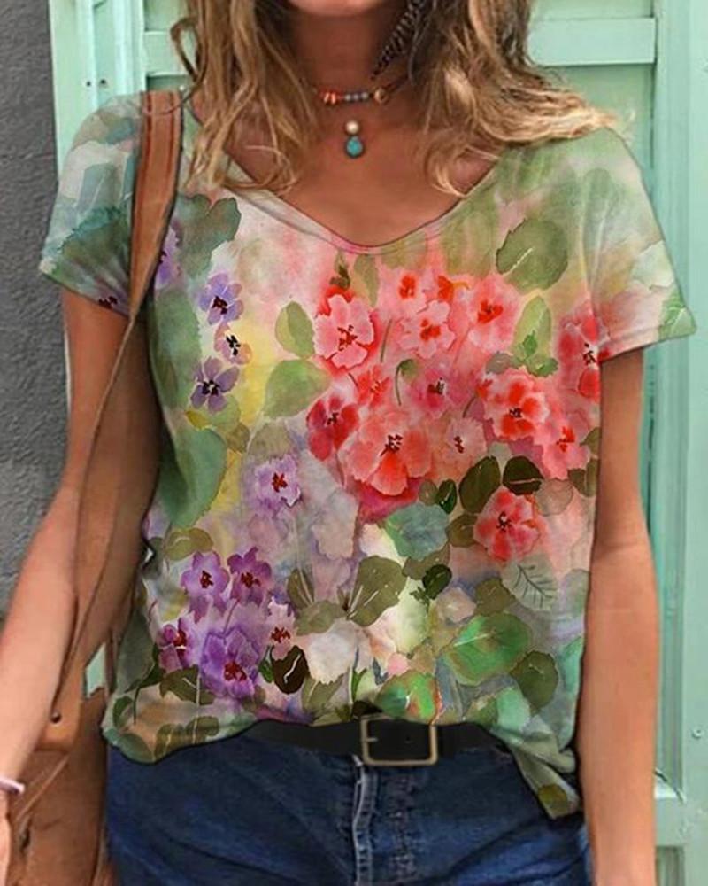 Fashion Spring  Butterfly Print Blouses Short Sleeved V-Neck T Shirts Casual