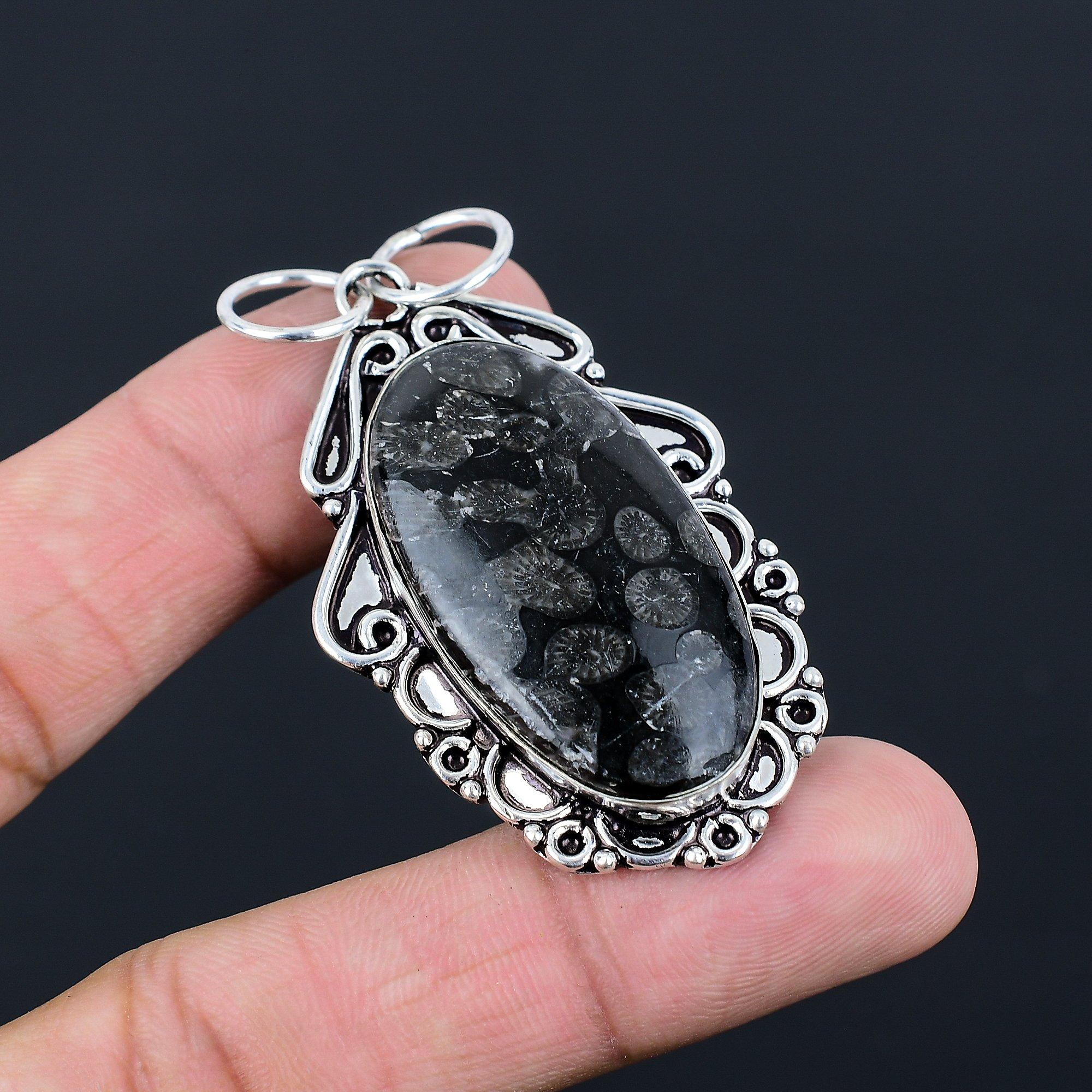 

Natural Black Fossil Coral Gemstone 925 Sterling Silver Pendant For Women