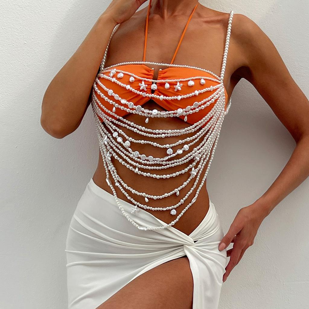 Holiday Style Starfish Scallop Pendant Waist Necklace Sexy Bikini Pearl Braided Body Necklace
