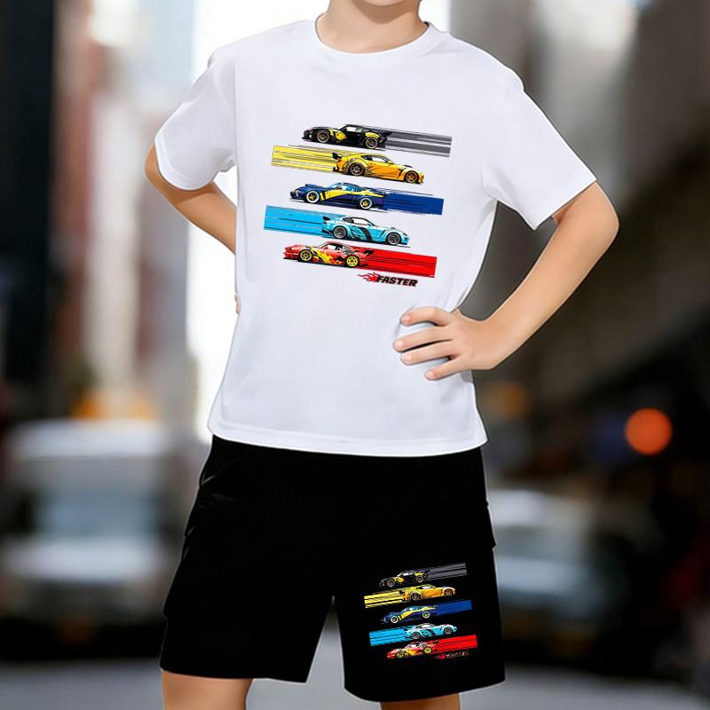 

Boys 2 Piece Cartoon Supercar Printed outfit, Short Sleeve T-Shirt and Shorts Set for Kids Age 5-14,White, Black Sporty Casual Summer Clothes 13-14 Years