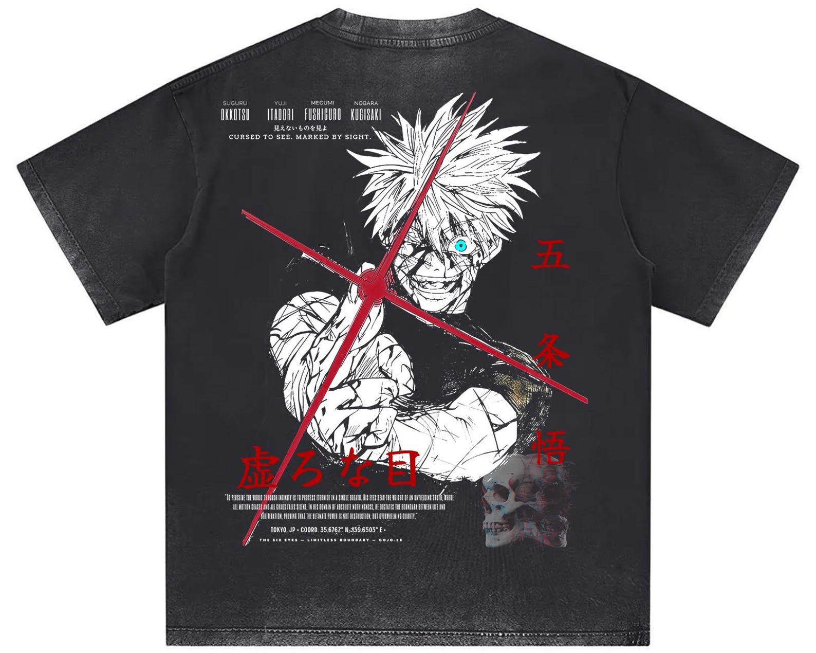 Gojo Satoru Jujutsu Kaisen Shirt, Six Eyes Unleashed Streetwear Tee, Vintage Anime Rap T-Shirt, Dark Aesthetic Grunge Y2K Clothing 2XL