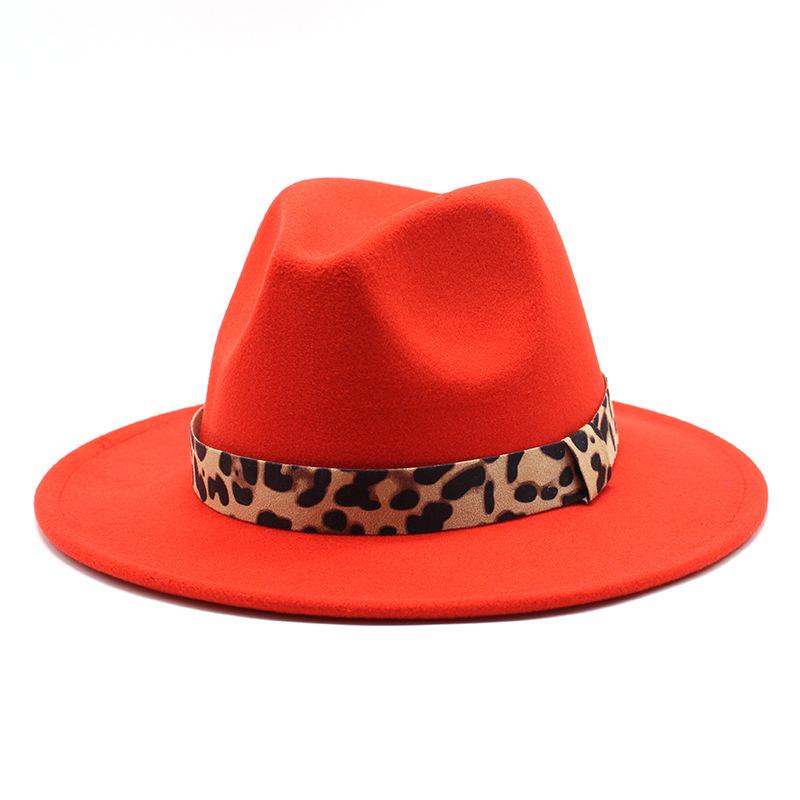 Woolen Top Hat Leopard Print Solid Color Hat Women'S Flat-Brimmed Big-Brimmed Jazz Hat 22 Colors