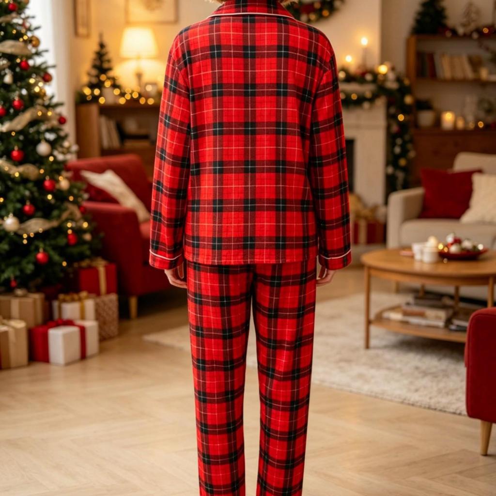 Women's Red Plaid Pajama Set - European & American Style, Long Sleeve, Autumn/Winter 2026 Christmas Edition.