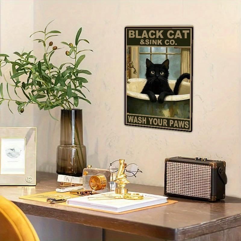 Vintage Black Cat "Wash Your Paws" Metal Tin Sign - Humorous Bathroom Wall Art, Rustic Farmhouse Decor for Home, Bathroom Decor