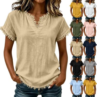 Women's Casual V-Neck Short Sleeve Shirt - Color Fashion Top