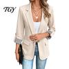 3/4 Sleeve Women Blazer Lapel Collar Blazer, Open Front Business Comfortable with Pockets Casual Suit Jacket, Office Work Short Button Jacket