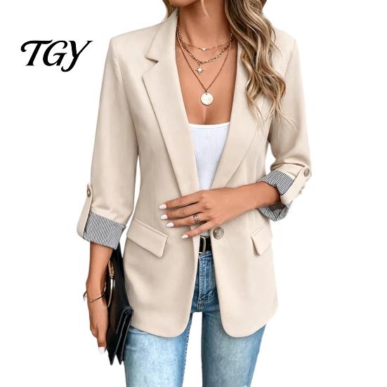 3/4 Sleeve Women Blazer Lapel Collar Blazer, Open Front Business Comfortable with Pockets Casual Suit Jacket, Office Work Short Button Jacket