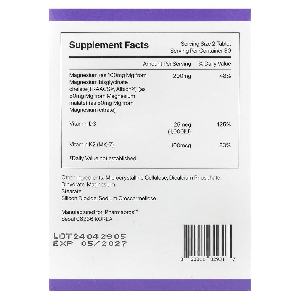 Contains Chelated Magnesium K2, 60 Tablets